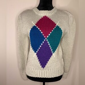Vintage Chunky Knit Colorblock Sweater Medium Retro 80s Geometric Hand Knit